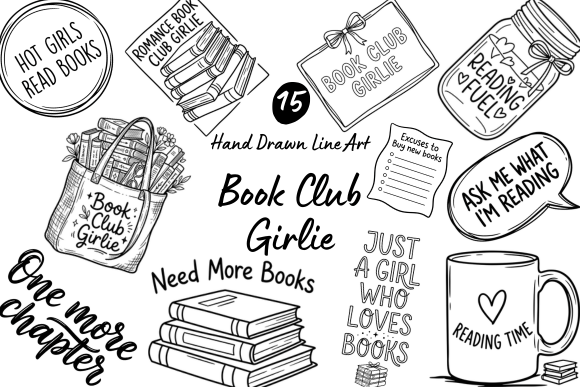Download Book Club Girlie Hand Drawn Line Art - Draw Collection