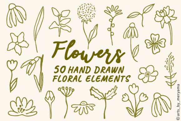 Download 50 Hand Drawn Flowers, Botanical Element - Draw Collection