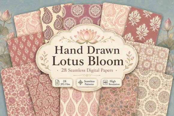Download Hand Drawn Lotus Bloom Digital Paper - Draw Collection