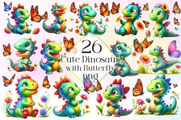 Download Cute Dinosaur with Butterfly Clipart Png - Premium Resources